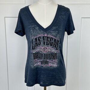 Harley Davidson Women's XL Short Sleeve Burnout T-shirt Blue Las Vegas (flaw)
